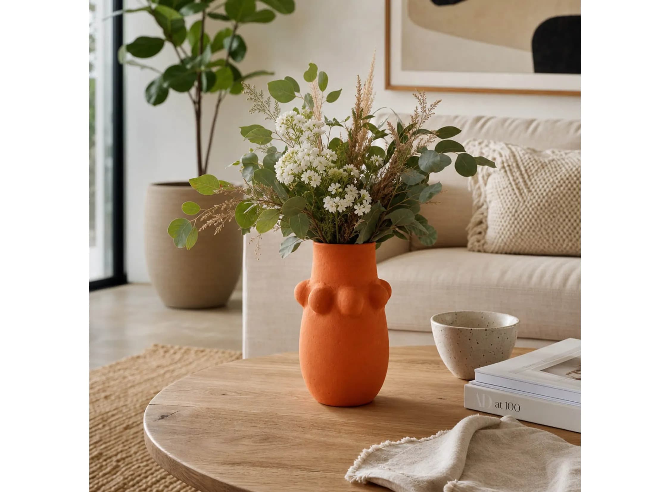 Ceramic tabletop vases arranged in a sunlit Nordic interior